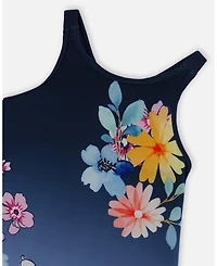 Deux par Deux Girls Printed Beach Dress Yellow, Pink Flowers On Navy Blue Background