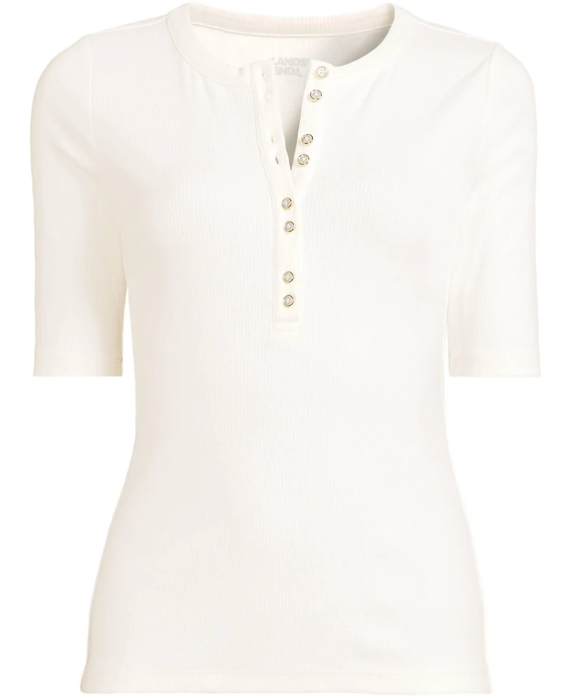 Lands' End Women's Elbow Sleeve Polished Rib Henley Top