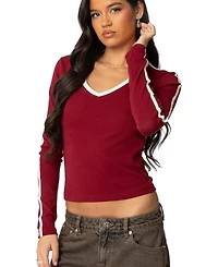 Edikted Womens Contrast V Neck Long Sleeve T Shirt