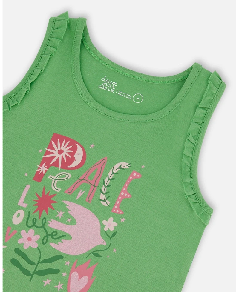 Deux par Deux Big Girls Organic Cotton Tank With Frills Flowers On Green Background