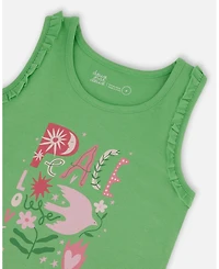 Deux par Deux Big Girls Organic Cotton Tank With Frills Flowers On Green Background