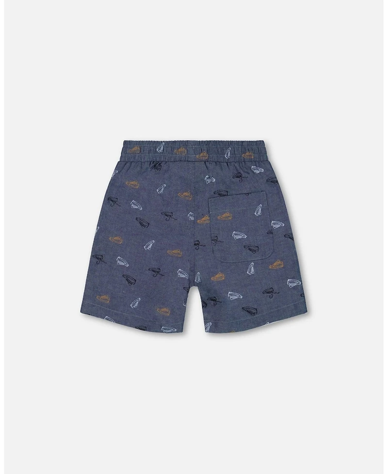 Deux par Deux Toddler Boys Printed Chambray Short Gray, White And Tan - Toddler|Child