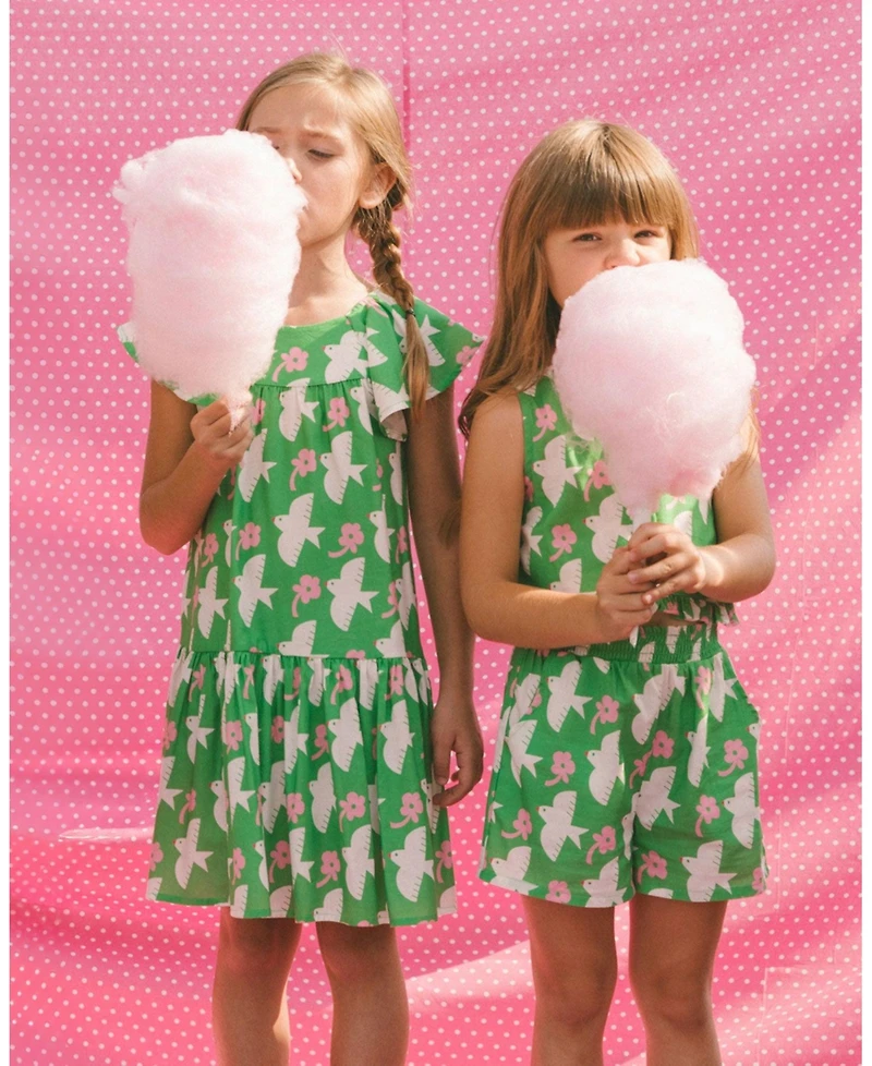 Deux par Toddler Girls Printed Romper With Frills Green White And Pink Bird - Toddler|Child