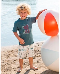 Deux par Deux Baby Boys Printed French Terry Short Beige Palm Tree And Teal