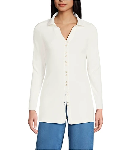 Lands' End Women's Long Sleeve Polished Rib Button Through Tunic Shirt