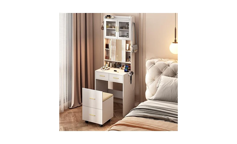 Small Vanity Desk with Mirror and Led Lights – Compact Makeup Table with Charging Station and Storage Shelves for Small Spaces