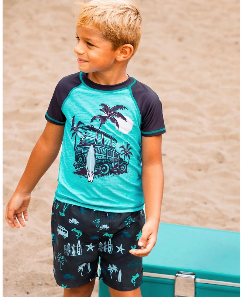 Deux par Deux Boys Printed Swim Trunks Light Blue Beach On Black
