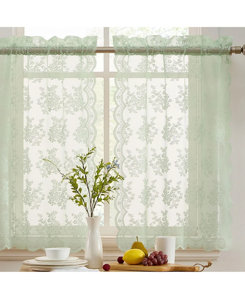 Hlc.me Jolene Floral Rod Pocket Lace Semi Sheer Voile Short Cafe Tiers for Small Windows - 28 x 24 Inch Length (Seafoam Green Tiers, Set of 2)