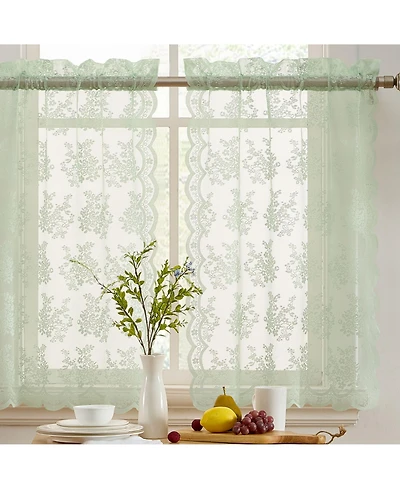 Hlc.me Jolene Floral Rod Pocket Lace Semi Sheer Voile Short Cafe Tiers for Small Windows - 28 x 24 Inch Length (Seafoam Green Tiers, Set of 2)