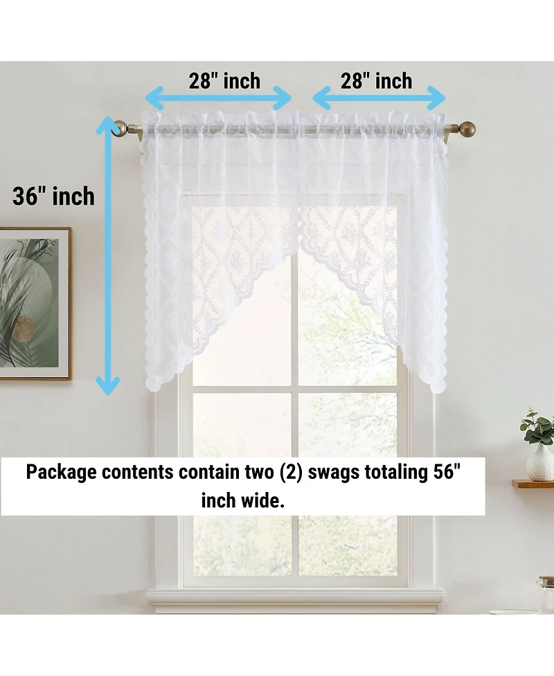 Hlc.me Isabella Floral Rod Pocket Lace Short Cafe Swags for Small Windows - 28 x 36 Inch Length (White Swags, Set of 2)