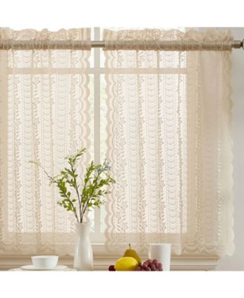 Hlc.Me Sophia Floral Rod Pocket Lace Semi Sheer Voile Short Cafe Tiers For Kitchens Bathrooms Small Windows Set Of 2