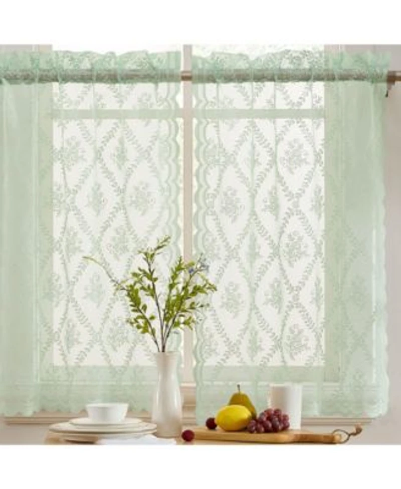 Hlc.Me Isabella Floral Rod Pocket Lace Semi Sheer Voile Short Cafe Tiers For Small Windows 28 X 24 Inch Length Seafoam Green Tiers Set Of 2