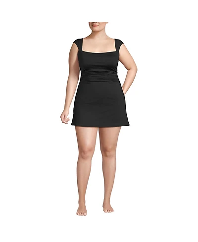 Lands' End Women's Smoothing Square Neck Ruched Swim Dress Swimsuit