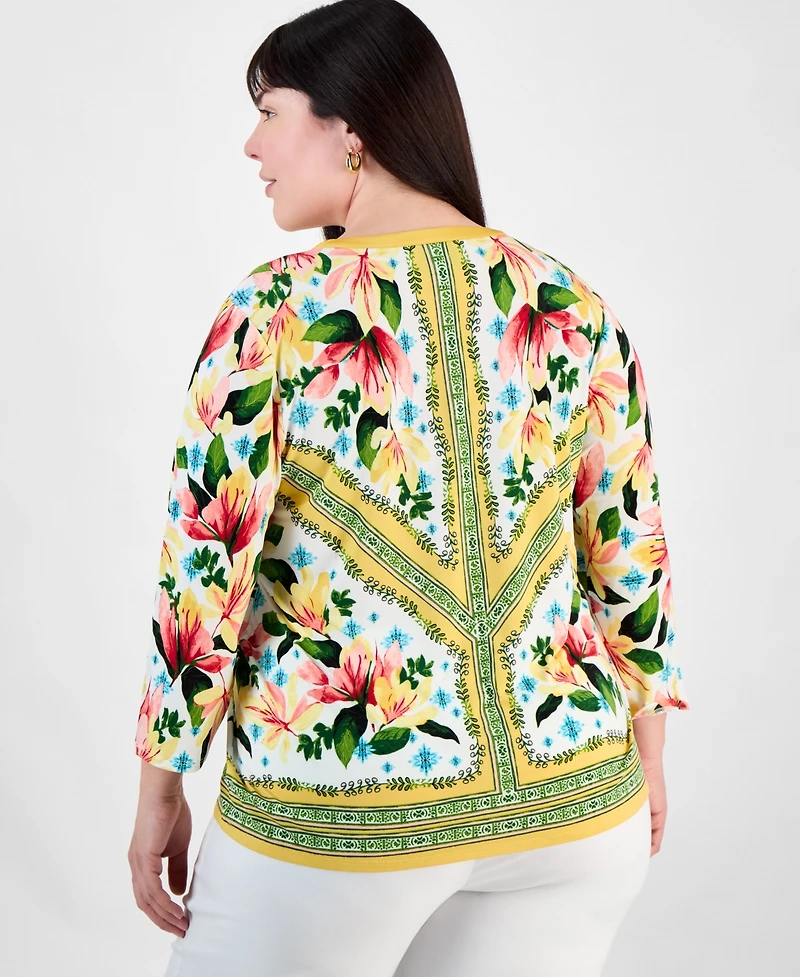 Jm Collection Plus Printed 3/4-Sleeve Top, Exclusively at Macy's