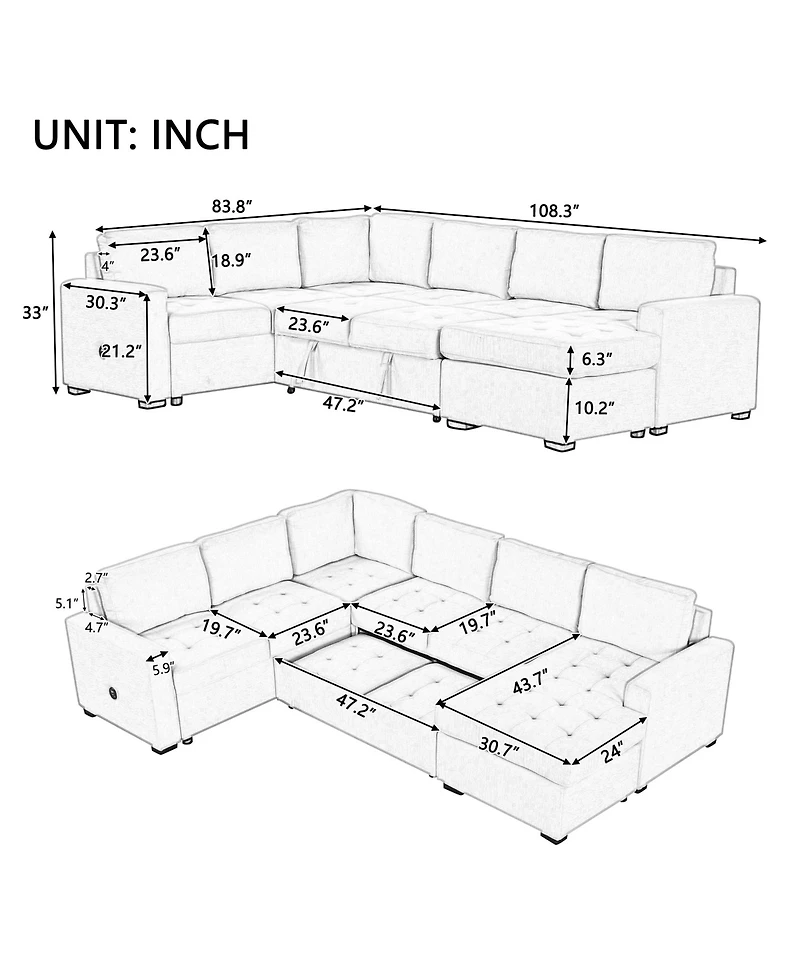 Sectional Sleeper Sofa with Pull-out Bed and Lounge Chair, Usb Type-c Interfaces, Suitable for Living Room, Office, Spacious Spaces