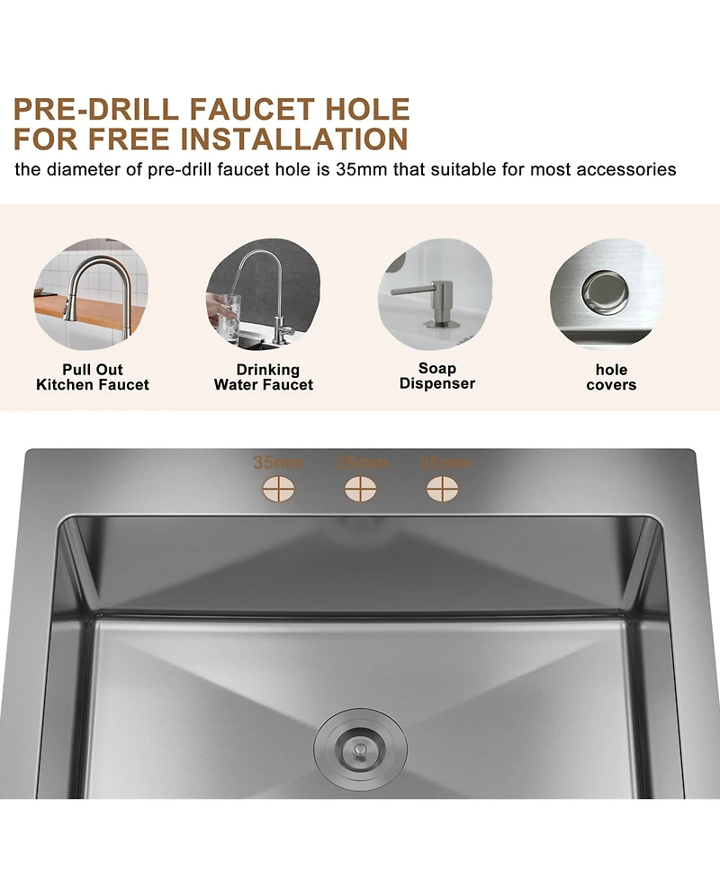 Casainc 33" L x 22" W Single Bowl Stainless Steel Topmount Kitchen Sink with Accessories