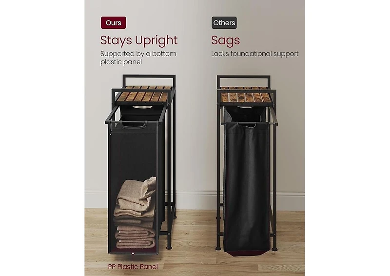 Songmics Home Slim Laundry Basket with Pull-Out Removable Bag, 12.7-Gallon, Ink Black & Rustic Brown