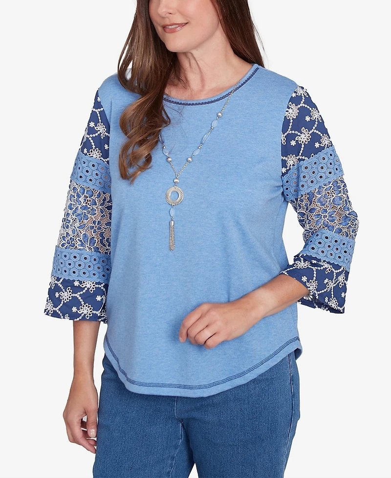 Alfred Dunner Women's Free Spirit Patchwork Sleeve Knit Top with Necklace