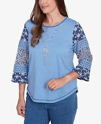 Alfred Dunner Women's Free Spirit Patchwork Sleeve Knit Top with Necklace