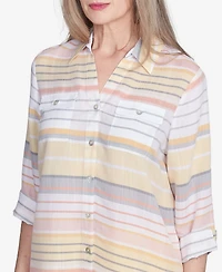 Alfred Dunner Women's Dress Code Button Down Striped Cuffed Sleeve Top
