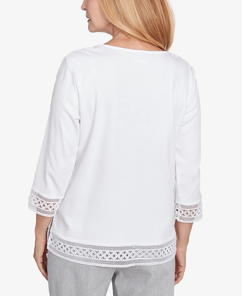 Alfred Dunner Women's Dress Code Solid Lace Trim Top with Necklace