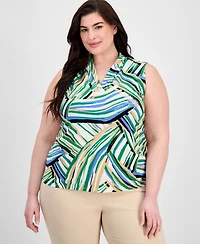 Anne Klein Plus Tripe-Pleat Printed Sleeveless Top