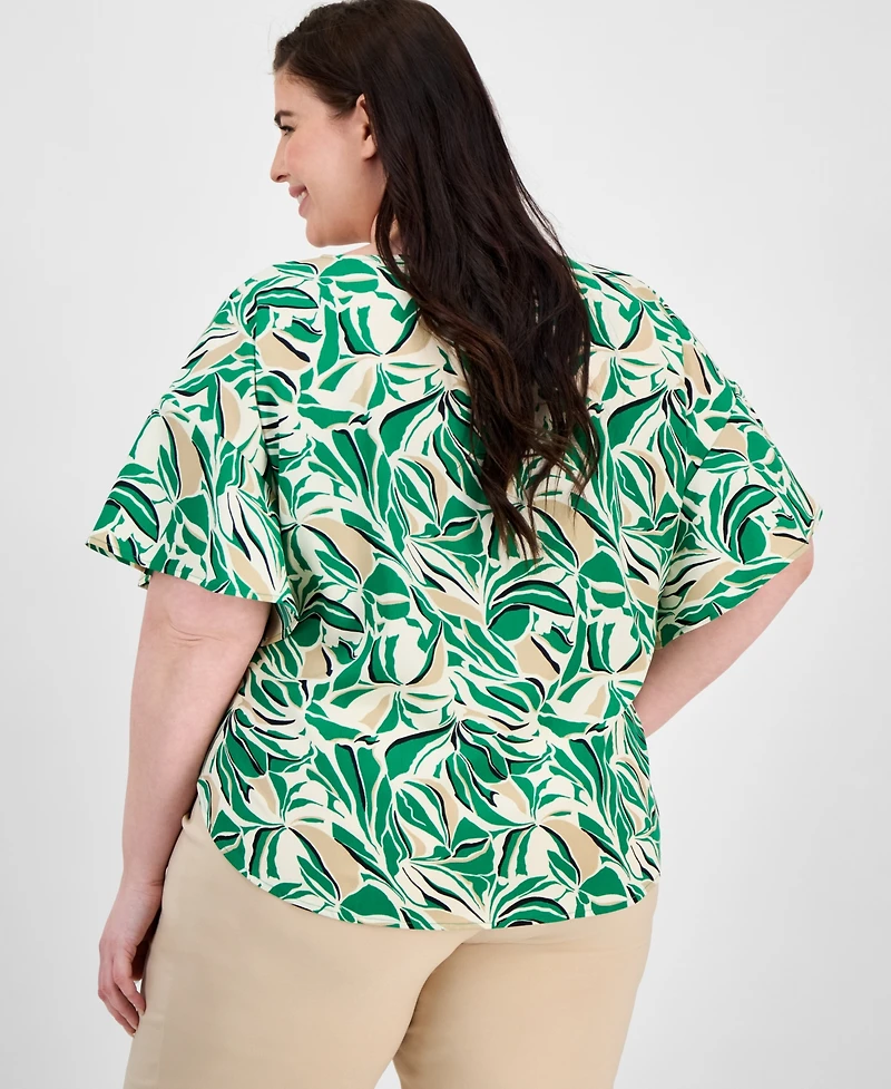 Anne Klein Plus Printed Flutter-Sleeve Blouse