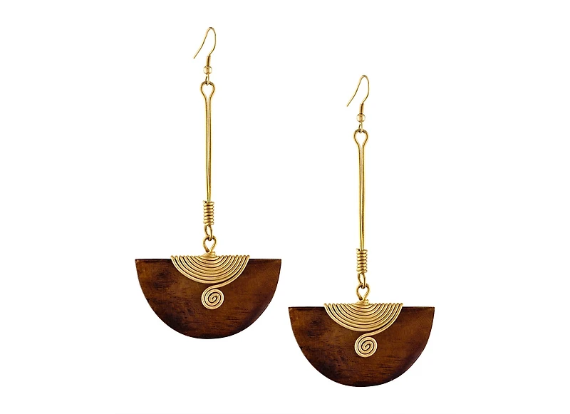 Pinduli Handmade Brass & Wood Drop Earrings – Elegant Statement Design