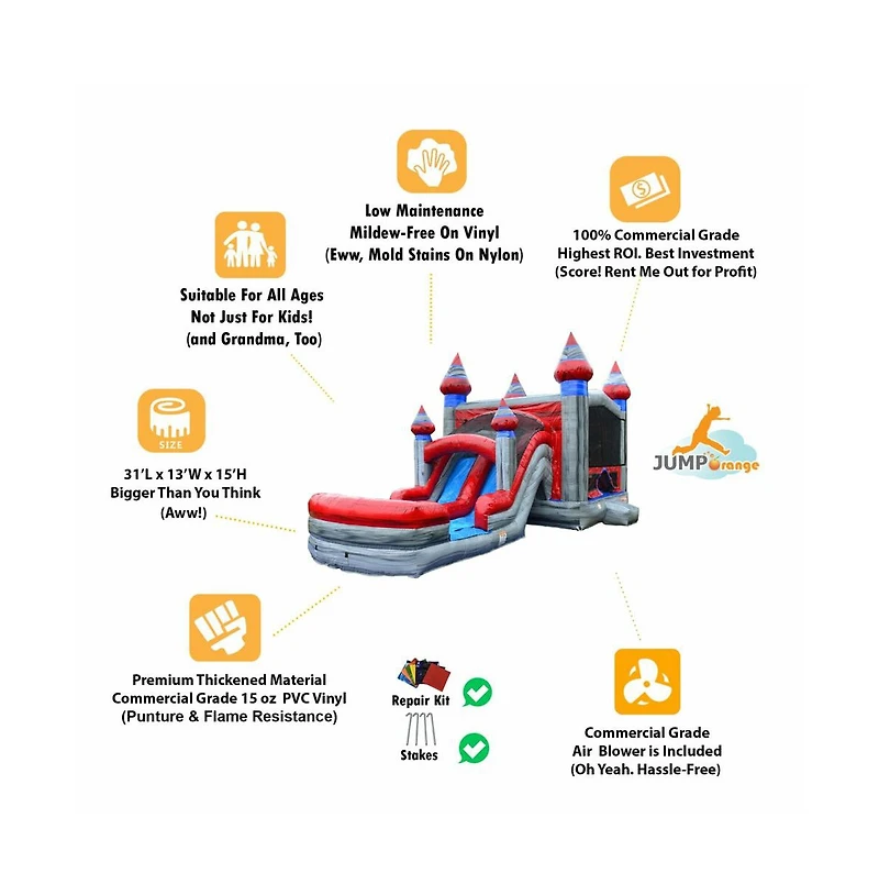 JumpOrange Titanium Commercial Grade Bounce House Water Slide Combo with Pool for Kids and Adults (with Blower), Basketball Hoop, Wet Dry Use, Outdoor
