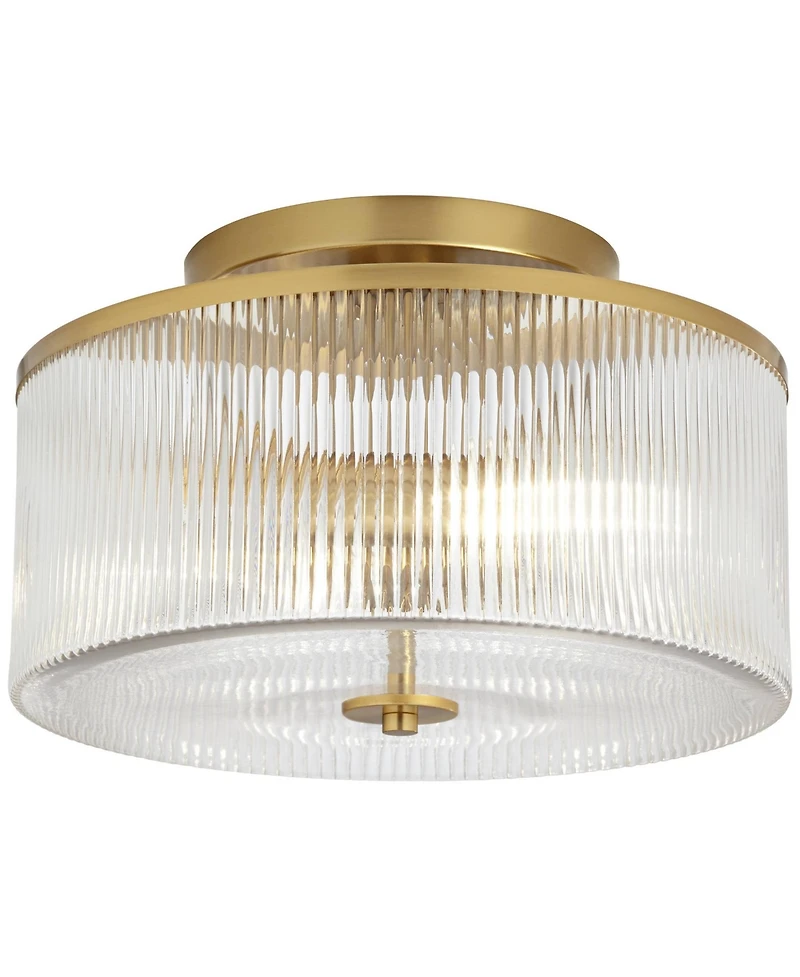 McKenzie 14" Mid Century Modern 2-Light Semi Flush-Mount Ceiling Light Fixture Kitchen Foyer Hallway Drum Round Warm Brass Finish Ribbed Glass Me