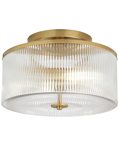 McKenzie 14" Mid Century Modern 2-Light Semi Flush-Mount Ceiling Light Fixture Kitchen Foyer Hallway Drum Round Warm Brass Finish Ribbed Glass Me