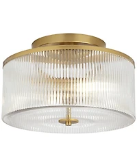 McKenzie 14" Mid Century Modern 2-Light Semi Flush-Mount Ceiling Light Fixture Kitchen Foyer Hallway Drum Round Warm Brass Finish Ribbed Glass Me
