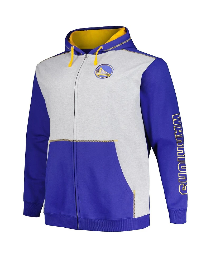 Fanatics Men's Royal/Heather Gray Golden State Warriors Big Tall Contrast Pieced Stitched Full-Zip Hoodie