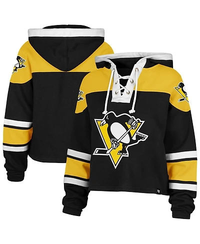'47 Brand Women's Black Pittsburgh Penguins Cropped Superior Lacer Pullover Hoodie