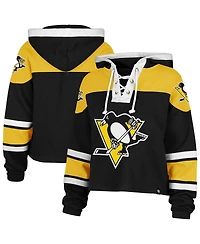 '47 Brand Women's Black Pittsburgh Penguins Cropped Superior Lacer Pullover Hoodie