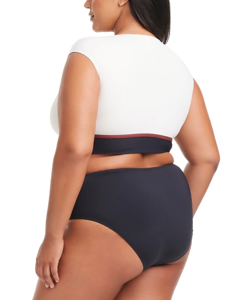 Bleu by Rod Beattie Plus Button-Down Cap-Sleeve Cropped Swim Top