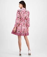 Anne Klein Women's Printed Long-Sleeve Belted Shirtdress