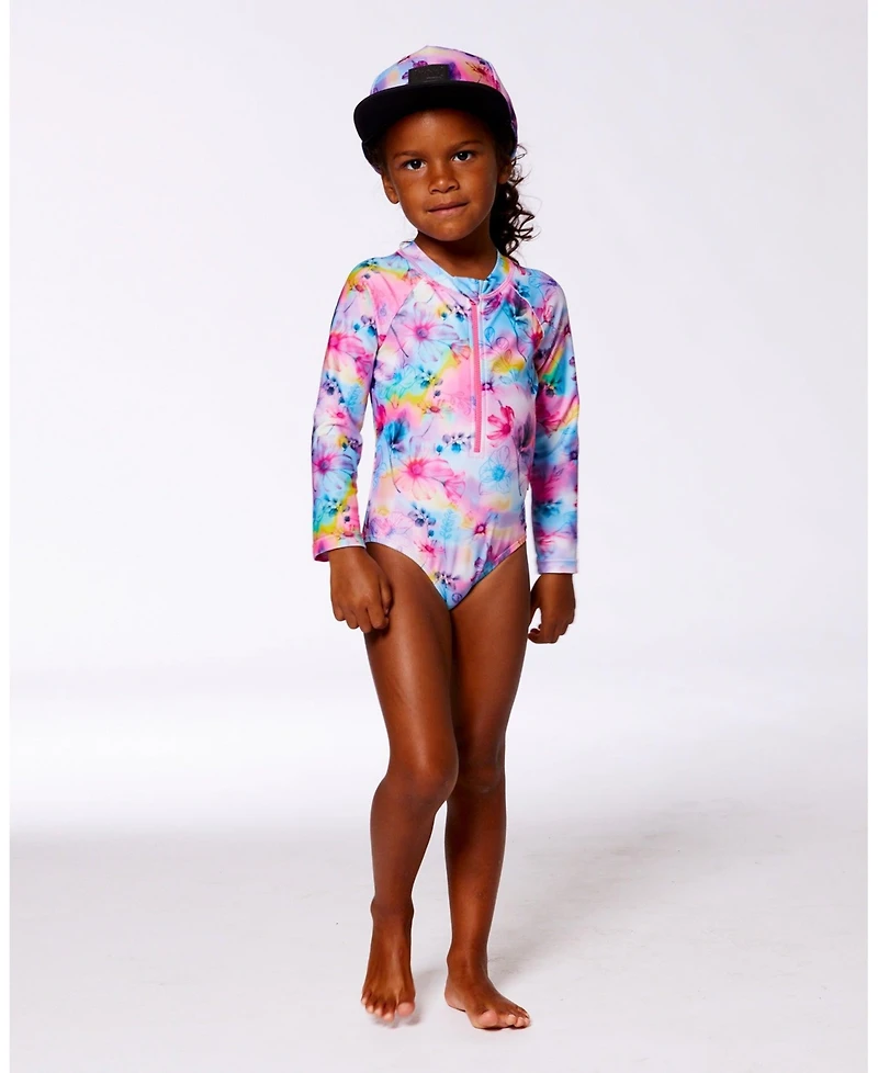 Deux par Deux Girl Printed Long Sleeve Rashguard Butterflies On Multicolored Background - Toddler|Child