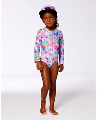 Deux par Deux Girl Printed Long Sleeve Rashguard Butterflies On Multicolored Background - Toddler|Child