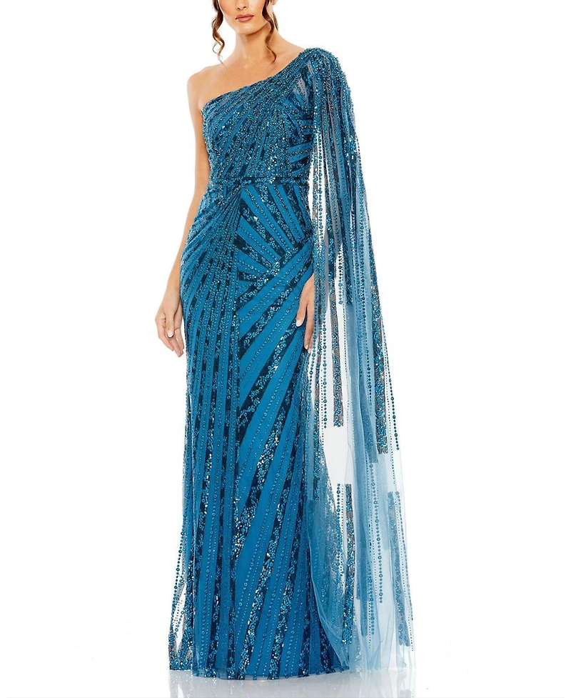 Mac Duggal Women's One Shoulder Cape Sleeve Embellished Gown