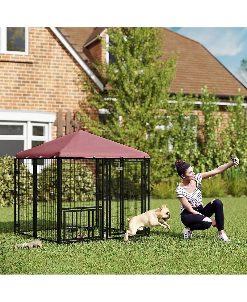 PawHut Dog Kennel with Rotating & Adjustable Bowls, 4.6' x 4.6' x 5'