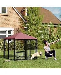 PawHut Dog Kennel with Rotating & Adjustable Bowls, 4.6' x 4.6' x 5'