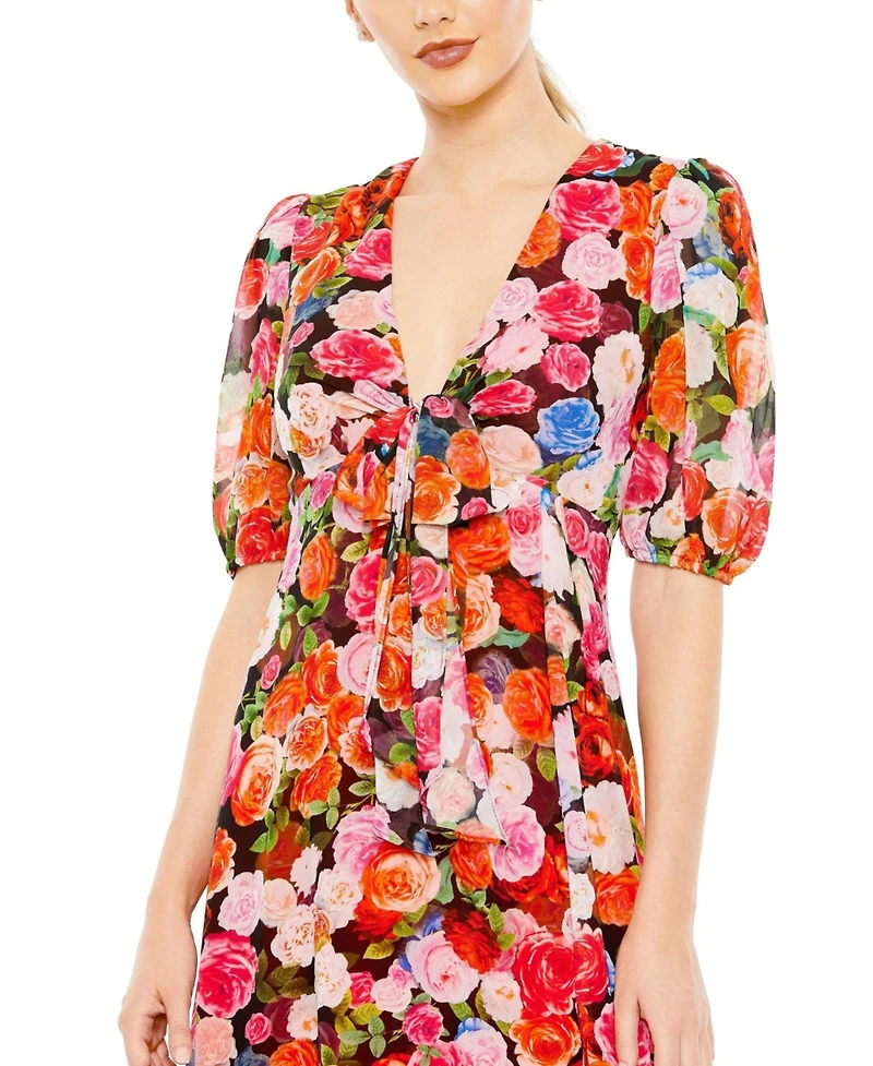 Mac Duggal Women's Floral Print Front Tie Puff Sleeve Flowy Midi Dress