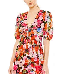 Mac Duggal Women's Floral Print Front Tie Puff Sleeve Flowy Midi Dress