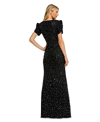 Mac Duggal Women's Gathered Short Sleeve Beaded Gown