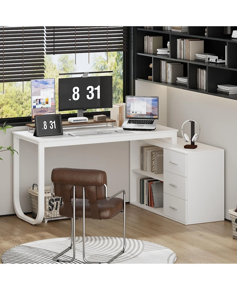 Famapy 55.1 in. L-Shaped Brown Wood Computer Desk Writing Office Executive W/Removable Tabletop, Shelves, 3-Drawers