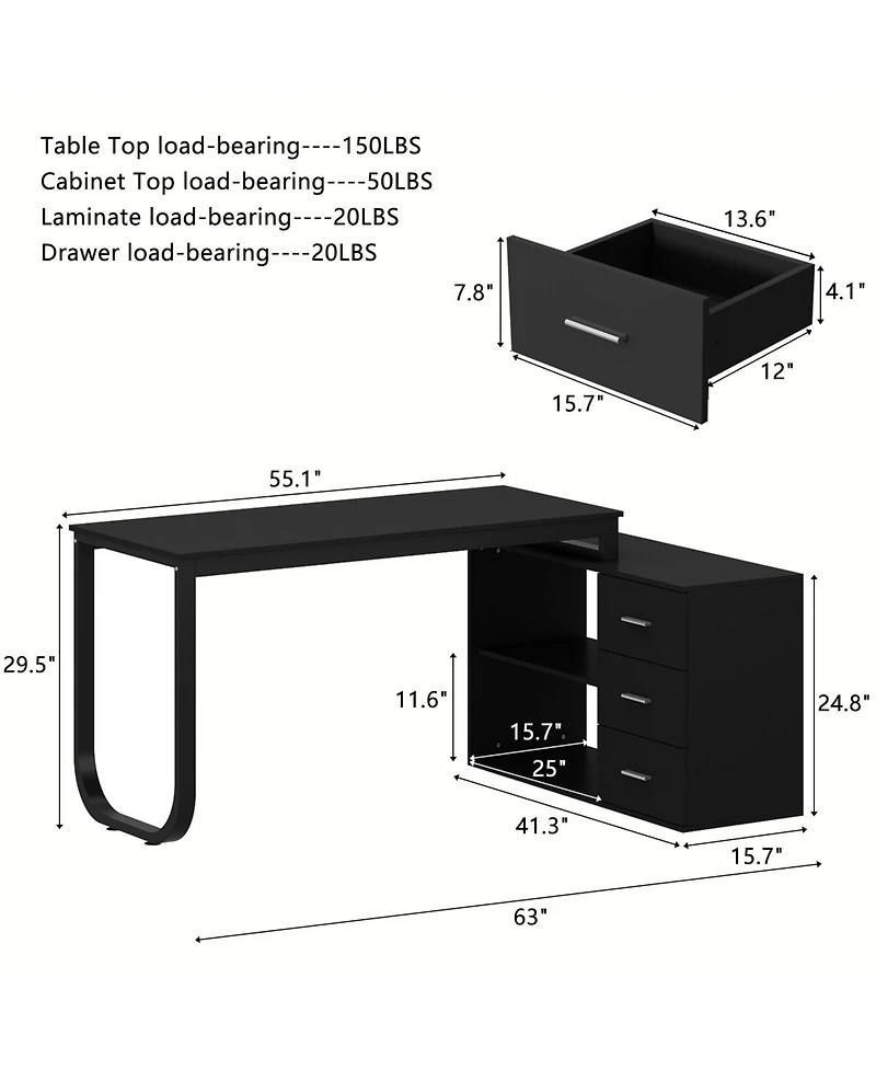 Famapy 55.1 in. L-Shaped Brown Wood Computer Desk Writing Office Executive W/Removable Tabletop, Shelves, 3-Drawers