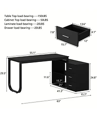 Famapy 55.1 in. L-Shaped Brown Wood Computer Desk Writing Office Executive W/Removable Tabletop, Shelves, 3-Drawers