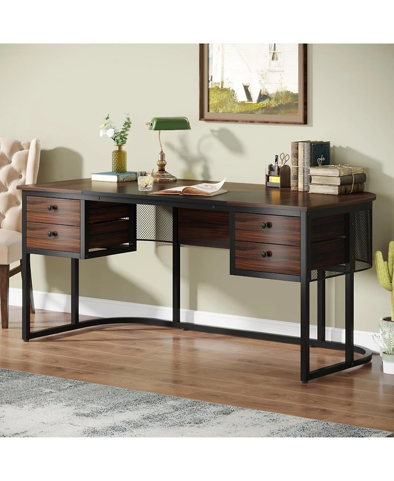 Tribesigns 63-Inch Executive Desk with 4 Drawers, Large Office Desk Computer Desk, Business Furniture Desk Workstation for Home Office, Dark Walnut