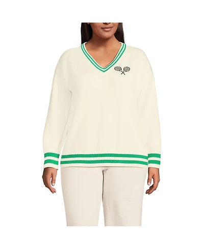 Lands' End Plus Drifter Varsity Vneck Sweater with Crest